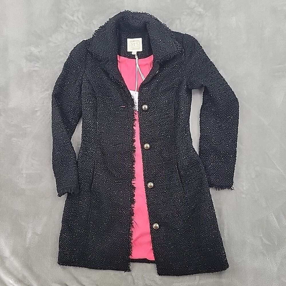 Sail To Sable Womens Coat Size XXS Sequin Tweed Black Jacket NEW Fringe Lined - Picture 5 of 16